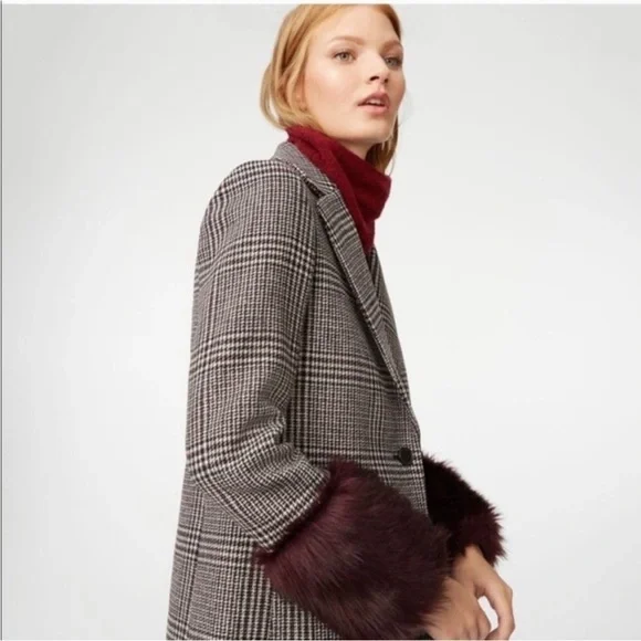 Club Monaco Wool Plaid Starella Coat Faux Fur Sleeve Trim M - Picture 12 of 12